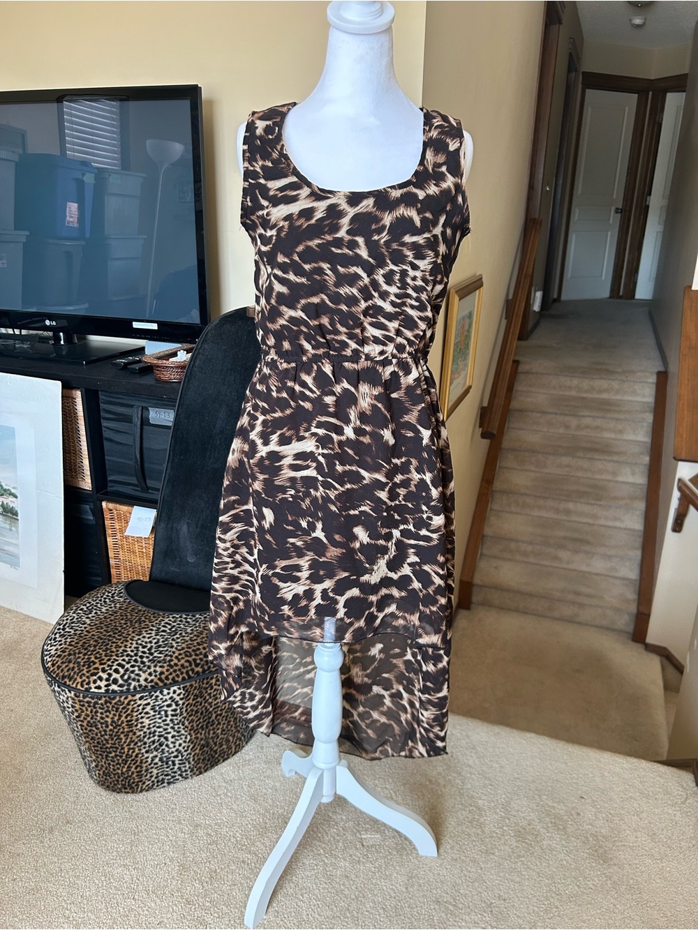 Sleeveless Brown Animal-Print High-Low Dress